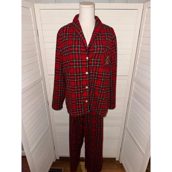 Lauren Ralph Lauren Red Plaid Fleece Pajama Set Women's XL Button Down Top Pants - Picture 2 of 10